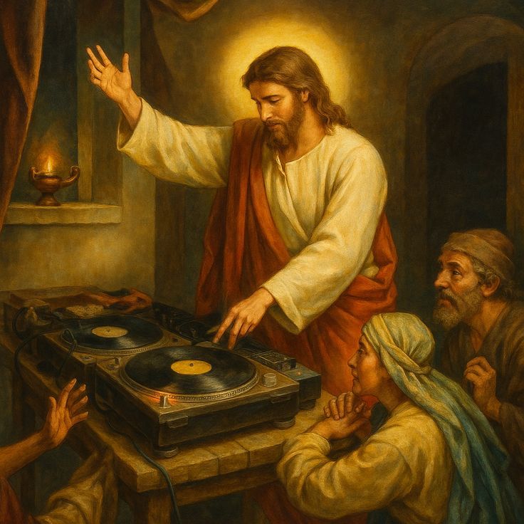 A classical painting reimagined with Jesus DJing on a pair of turntables, watched by two apostles.