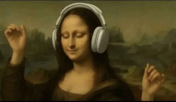 The Mona Lisa wearing white over-ear headphones, hands raised as if dancing to the music.