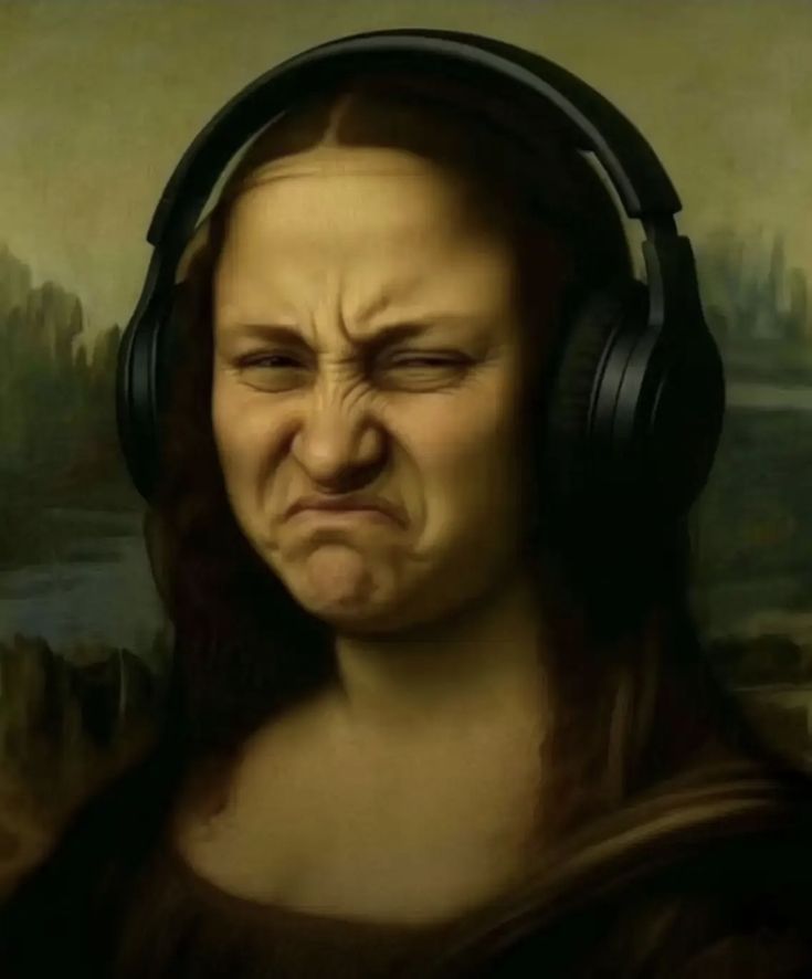 The Mona Lisa, reimagined wearing a pair of over-ear headphones and looking unimpressed.